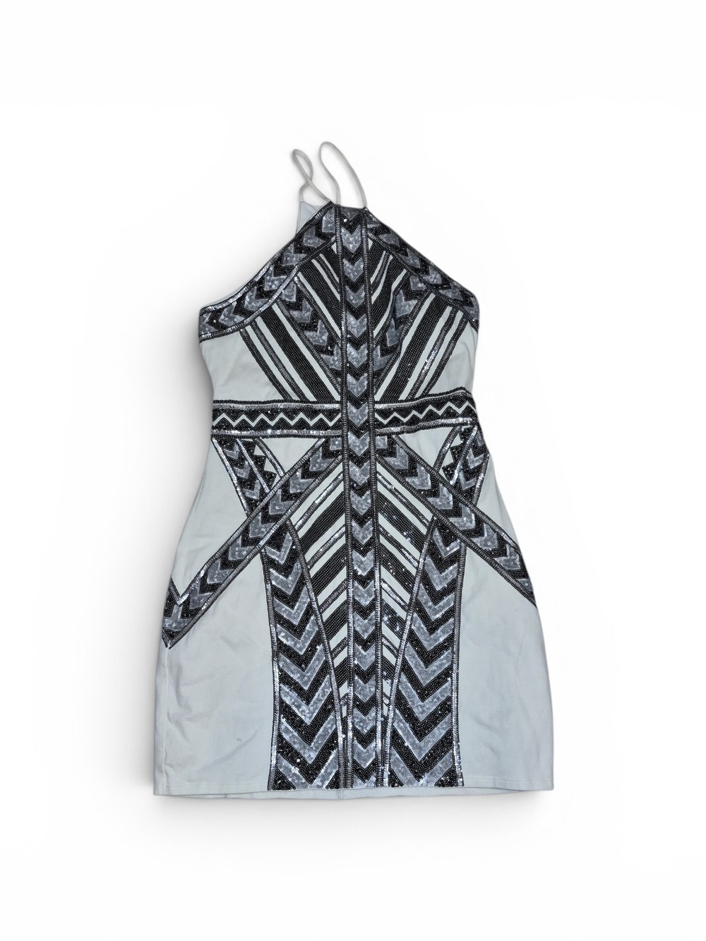 Express Silver and White Sequin Geo Halter Dress